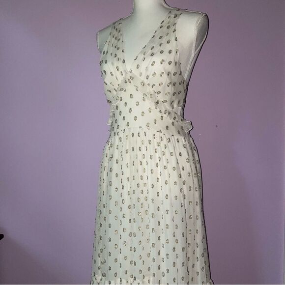 NEW En Creme Maxi Dress M Boho Metallic Polka Dot Cutout Ruffle Tiered - Picture 3 of 13